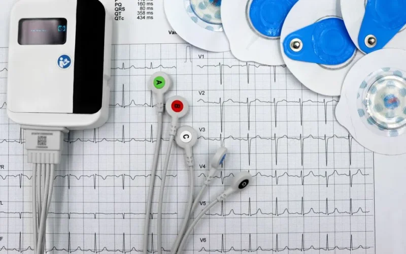 Close-up of ECG device with leads and electrodes on printed heart rate graph, showcasing medical technology.