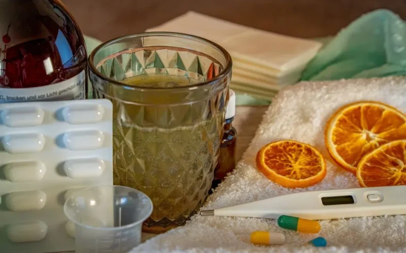 A collection of home remedies and medications for treating cold and flu symptoms, including a thermometer, pills, and herbal tea.