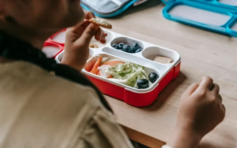 Crop faceless teenage sitting at wooden table with lunch box full of healthy food