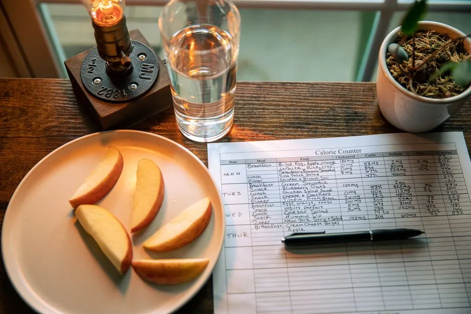 A wooden table setup with apple slices, a calorie chart, and a glass of water for a healthy diet plan.