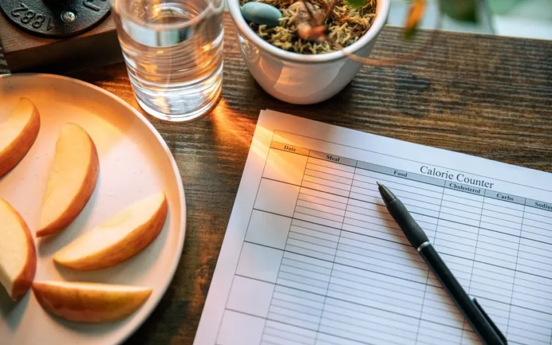 Calorie counting setup with apple slices and glass of water on a wooden table.