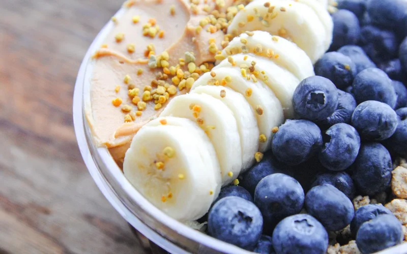 acai bowl, zdrowy, śniadanie, organiczny, owoce, jagody, banan