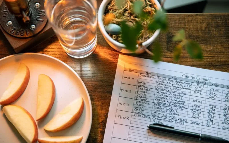 Top view of apple slices, water, and a calorie counter sheet on a wooden table promoting a healthy lifestyle.