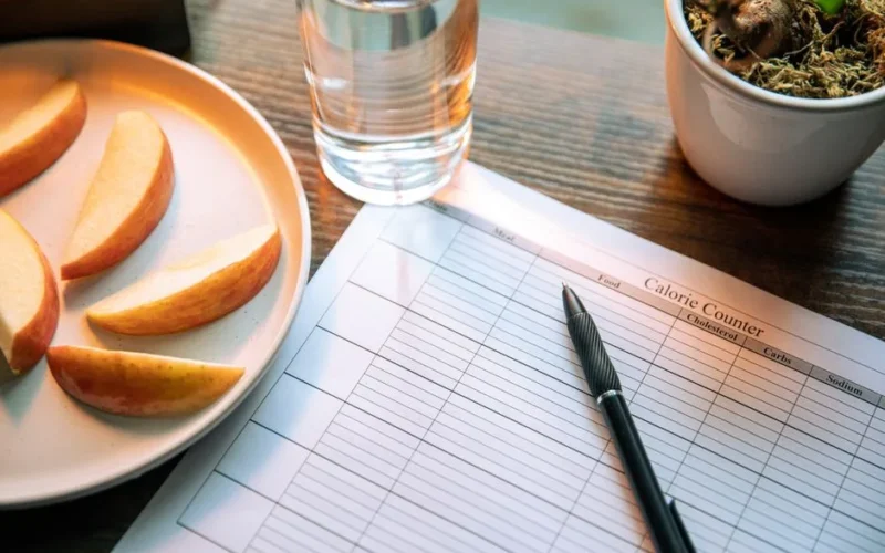 Flat lay featuring apple slices, a calorie counter chart, pen, and a glass of water for a healthy lifestyle.
