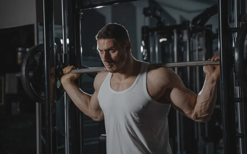 Strong man lifting weights at gym wearing a white tank top, showcasing muscle strength and fitness.