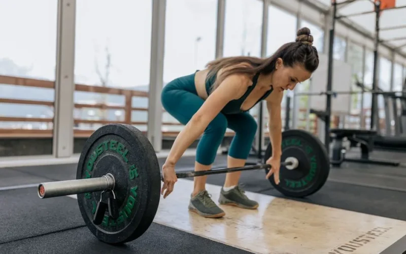 Focused woman lifting barbell in gym, showcasing strength and fitness.