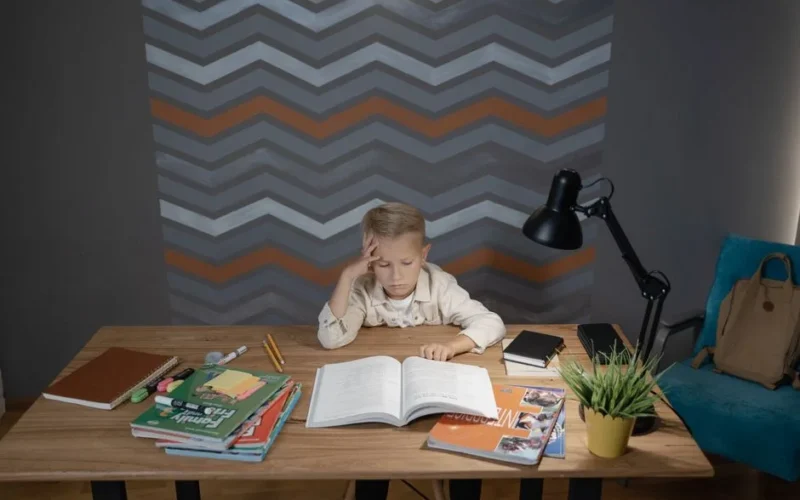 A young boy sitting at a desk, focused on his homework surrounded by school supplies.