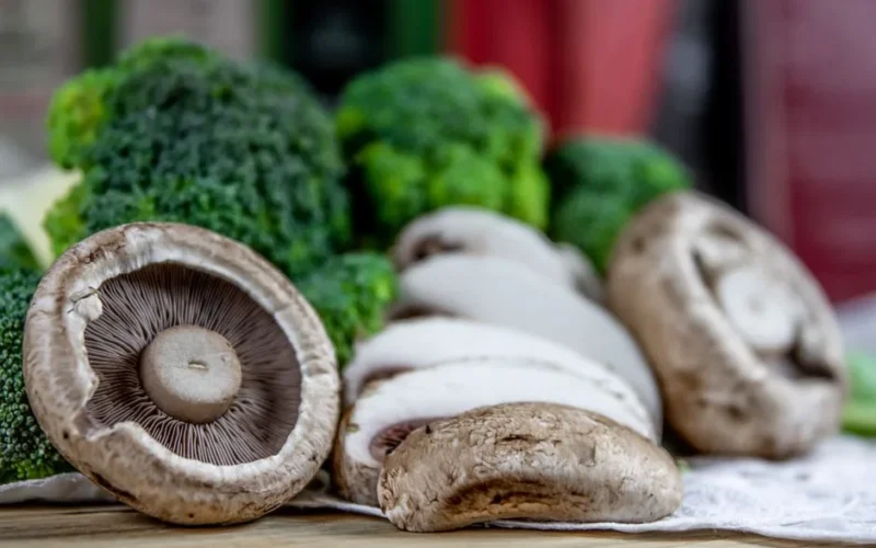 Appetizing close-up of fresh mushrooms and broccoli. Ideal for healthy food concepts.