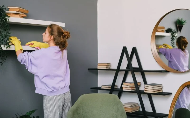 A woman cleans shelves in a stylish living room with mirrors and decor.