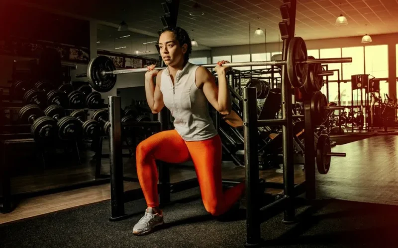 Confident woman lifting weights in a modern gym, showcasing strength and fitness.