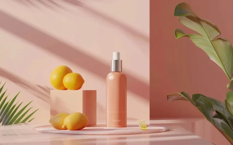 Lemons and skincare product in a minimalist, bright interior setting with soft shadows.