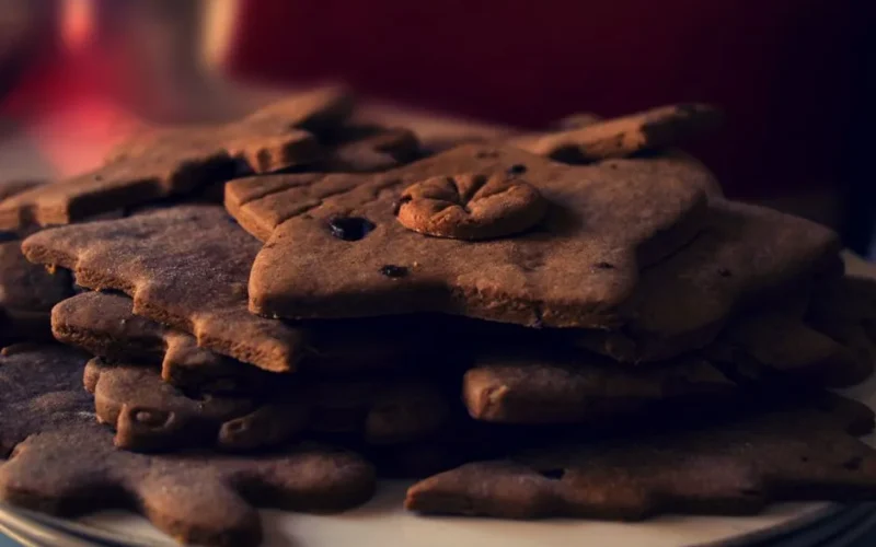 A stack of homemade gingerbread cookies on a ceramic plate, perfect for festive holiday treats.