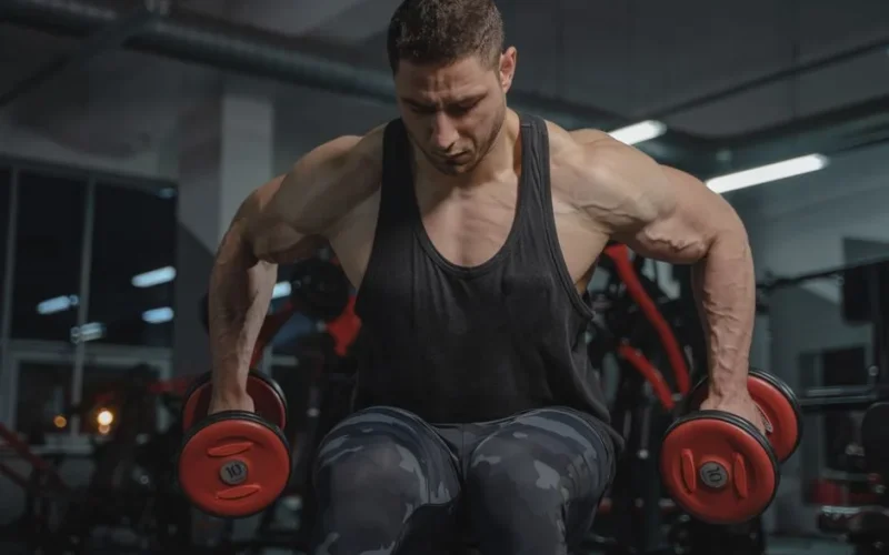Strong man in gym lifting dumbbells, showcasing muscular physique and fitness dedication.