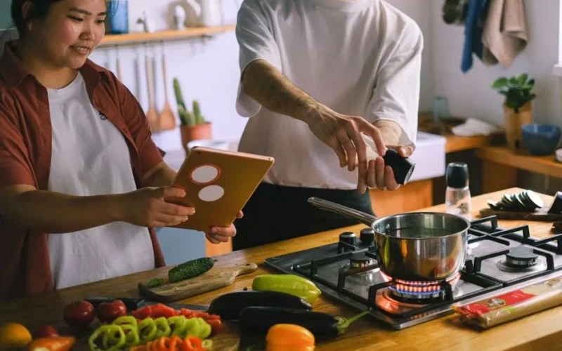A happy couple using a tablet while preparing a meal in a stylish kitchen.