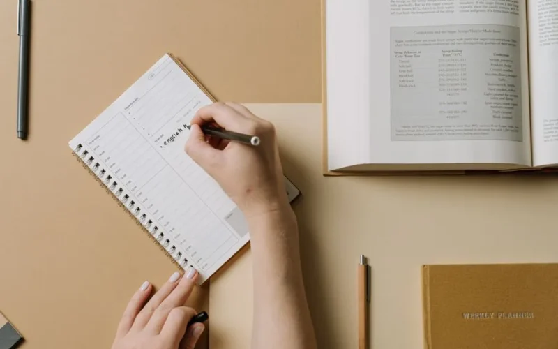 A person's hands writing in a planner at a desk with an open book nearby, conveying an organized workspace.