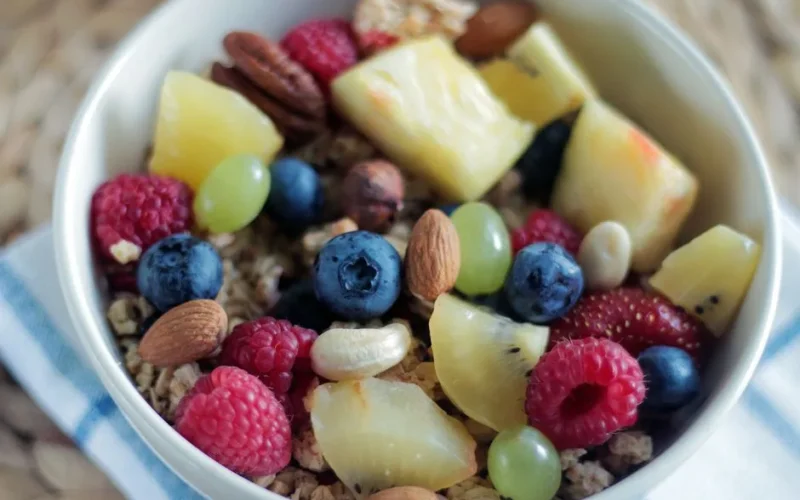 Close-up of a colorful muesli bowl with fresh berries, nuts, and pineapple.