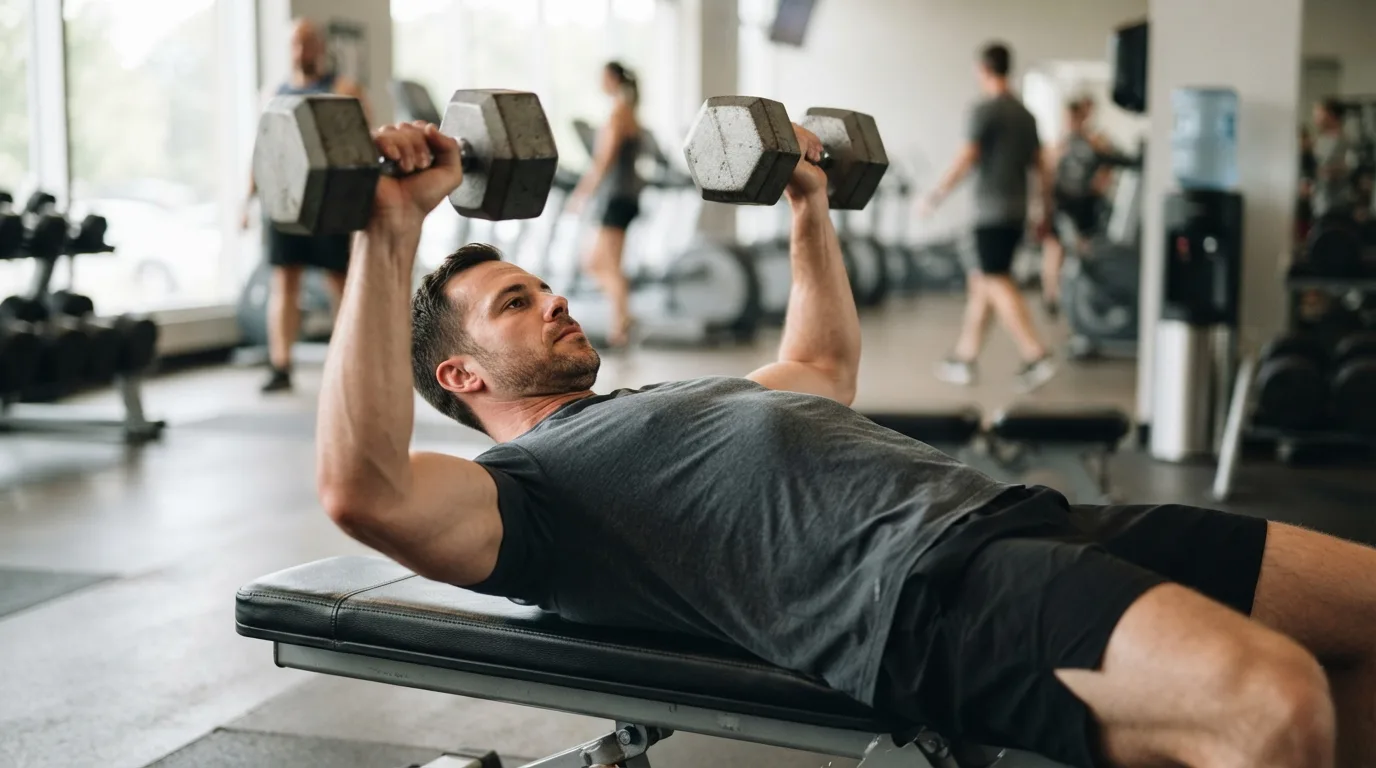 a man performing a chest exercise with dumbbells in a gym